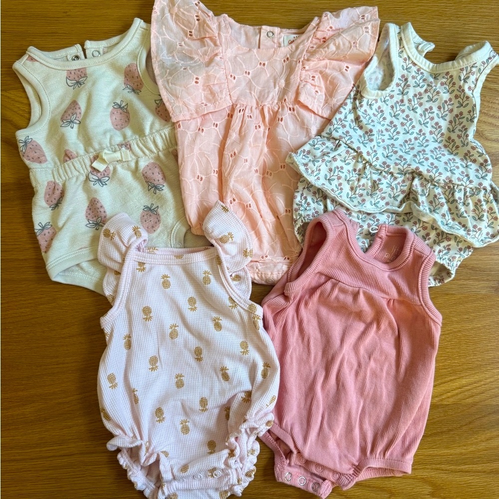 Lot of 5 - Adorable Pink Newborn Rompers / bubble onesies